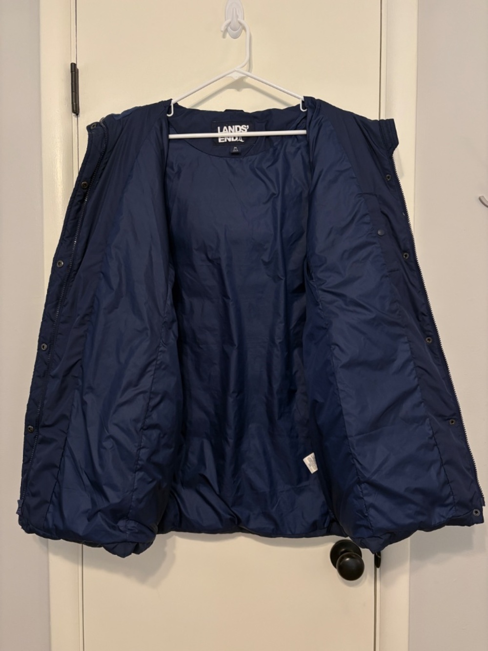 Lands' End Women's Long Quilted Down Puffer Parka Coat Navy Blue M Pockets Hood - Picture 4 of 10